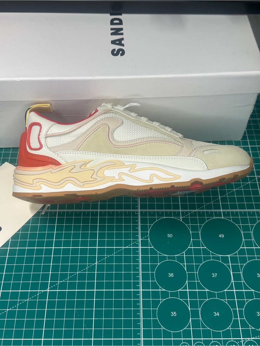 Sandro Flame White Sneakers with Red Lining and Yellow Pull Tab - Picture 4 of 15